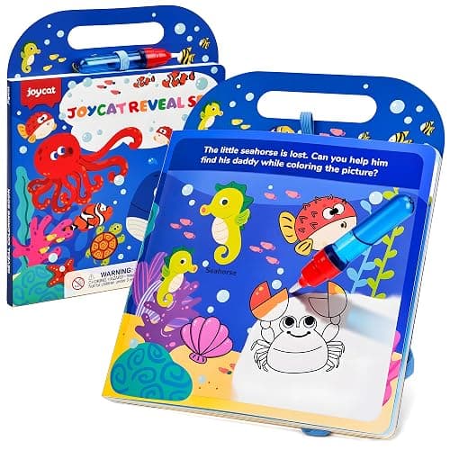 JoyCat Ocean Water Coloring Book for Toddler Kids, 13 Pages, No-Mess | Reusable color-reveal scenes for repeat play, Water pen with holder, Carry handle and closure band for travel, Gift for kids - Image 1