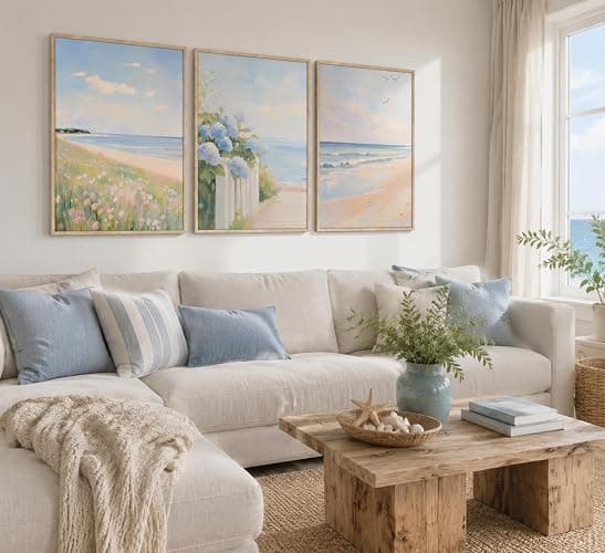 Wood Framed Pastel Coastal Wall Art Pink Beach & Blue Hydrangea Pictures Wall Decor Ocean Wildflowers Posters Summer Beachy Preppy Painting Print Artwork for Beach House Bedroom Dorm Apartment thumbnail 3