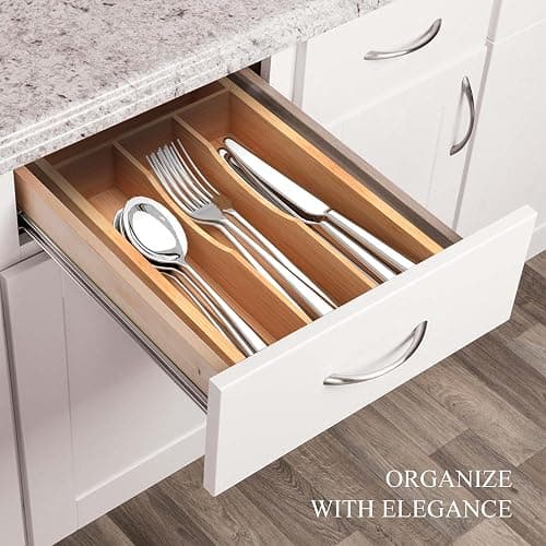 BEKVEM Small Silverware Organizer, Bamboo Kitchen Drawer Organizer, Utensil Holder, Cutlery Tray & Spoon Flatware Storage with Grooved Drawer Dividers thumbnail 6