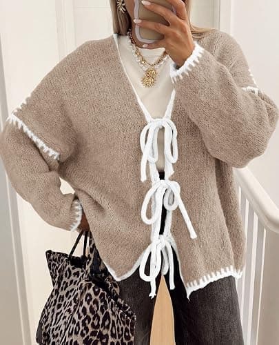 Women's Tie Front Bow Cardigan Sweaters Chunky Knit Long Puff Sleeve Trendy Fall Winter Jacket Coats thumbnail 2