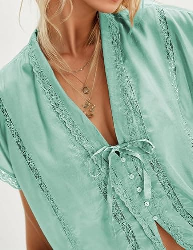 Women Boho Crop Lace Tie Front Tank Summer Vacation Top Button Down Short Sleeve Beach Shirt Y2k Tops Clothes 2026 thumbnail 2