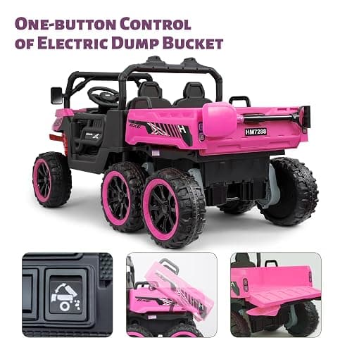 TCARAIWEN 24V Ride On 2 Seater Dump Truck with Remote Control, 6x6 Electric UTV Car with Electric Dump Bed, 2 Speed 4WD Power Ride Cars 6x6 Wheels Music, Storage Trunk, Shovel for Boys Girls, Pink thumbnail 7
