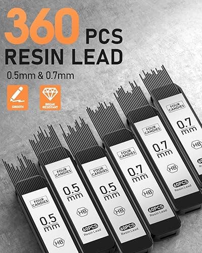 Four Candies 2PCS Metal Mechanical Pencils Set with Case, 0.5mm & 0.7 mm Artist Pencil with 6 Tubes (360PCS) HB Lead Refills, 3 Erasers,9 Eraser Refills For Writing Drafting, Drawing, Black&Silver thumbnail 5