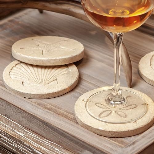 Beach Coasters for Drink Set of 4 Absorbent Nautical Outdoor Housewarming Gifts Marble Style Resin Coaster Cork Base Handmade Starfish Seashell Round Coasters Funny Ocean Sea Summer Theme, 4" x 4" thumbnail 6