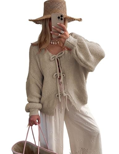 SKIKYAN Women Bowtie Oversized Knit Sweater Cardigan Y2K Long Sleeve V Neck Open Front Casual Knitwears - Image 1