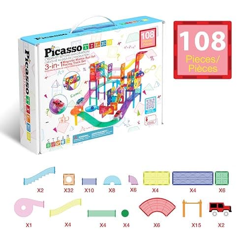 PicassoTiles 108pc Magnetic Marble Run Set with Building Tiles Race Track Car Slides Set STEM Learning Toy 3-in-1 Preschool Construction Kit for Indoor Activity and Development for Kids age 3+ PTG108 thumbnail 8