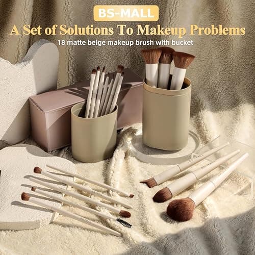 BS-MALL Professional Makeup Brush Set 18 Pcs Premium Synthetic Foundation Powder Concealers Eye Shadows Blush Makeup Brushes with Travel Case (Matte white beige) thumbnail 6