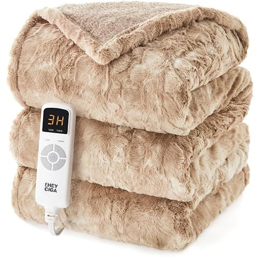 EHEYCIGA Electric Heated Blanket Throw Faux Fur, 10 Hours Auto Shut Off 9 Heating Levels Heating Blanket Throw, Soft Warm Heated Blanket Fast Heating Camel, Faux Fur & Sherpa - Image 1