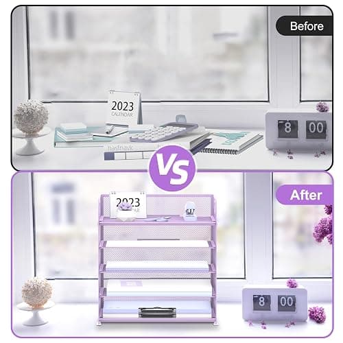 Supeasy 5 Trays Paper Organizer Letter Tray with Handle-Mesh Desk File Holders, Paper Sorter Desk Organizer for Office, Home, Classeoom or School, Purple thumbnail 6