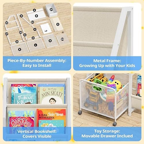 LATIBELL Kids Bookshelf Toy Storage Organizer & 2 Bins，3 Tier White | Kids Bookcase Equipped With Movable Drawer And 2 Toy Bins, Storage Organizer For Bedroom, Playroom And Classroom thumbnail 4