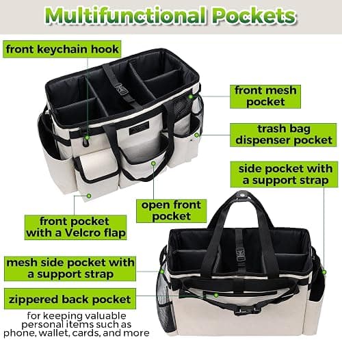 Cleaning Caddy Organizer with Handle - Large Caddy Bag for House & Bathroom Cleaning Supplies, 15 x 8 x 10.5 inches Cleaning Supply Caddy, Housekeeping Tote with Adjustable Strap - Beige thumbnail 5