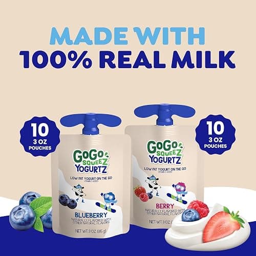 GoGo squeeZ Low Fat YogurtZ Variety Pack, 3 oz Pouches, 20 Count | Kids snack, blueberry & berry flavor, real yogurt & fruit; no fridge needed, gluten and nut free, recloseable cap, BPA-free thumbnail 5