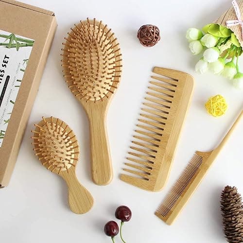 MRD Hair Brush Set, Natural Bamboo Comb Paddle Detangling Hairbrush, Wide-tooth and tail comb No Bristle, suit for Women Men and Kids Thick/Thin/Curly/Dry Hair Gift kit thumbnail 8