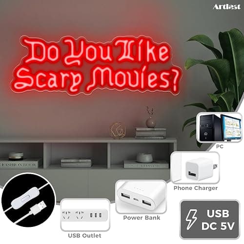 Artlast Do You Like Scary Movies Neon Sign LED Neon Light for Movie Night Party Decor Horror Movies Room Gothic Font Halloween Decoration 17"x5.98" Red Acrylic thumbnail 4