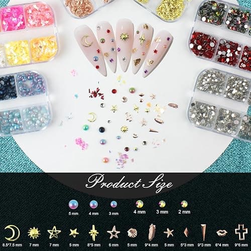 Artdone Nail Art Studs Kit, 6 boxes Multicolor And Design 3D Charms Pearls With 15 Sheets Gold Nail Stickers, Diamond Cute Nail Jewels For DIY Decoration with Pickup Tools thumbnail 3