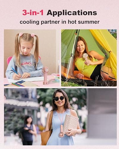 Coohea Mini Handheld Fan, Small Cute Design, 3 Powerful Speeds, USB Rechargeable Battery Operated, Personal Portable Fan with Base & Lanyard, for Eyelash Makeup Travel Beach Office Desk, Pink thumbnail 6