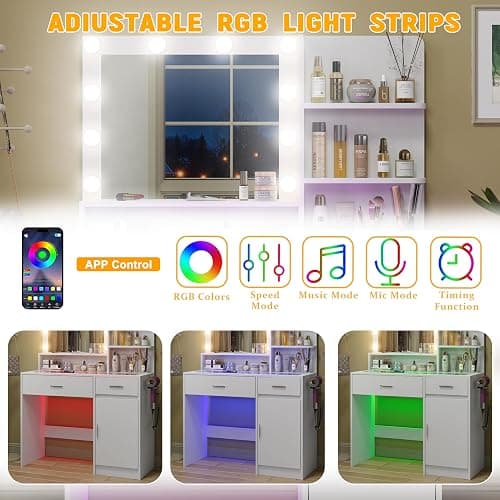 HuaYing White Vanity Desk with Mirror and Lights, Vanitys with Glass Top & Power Outlet, Dressing Table with 36 Lighting Modes Brightness Adjustable RGB Drawers, for Women Girls Bedroom (White) thumbnail 7