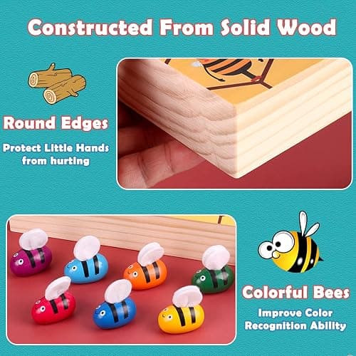 YUNCHY Toddler Fine Motor Skill Toy, Bee to Hive Matching Game, Montessori Wooden Color Sorting Matching Toy, Preschool Educational Learning Toys Gift for Toddler 3 Years Old thumbnail 5
