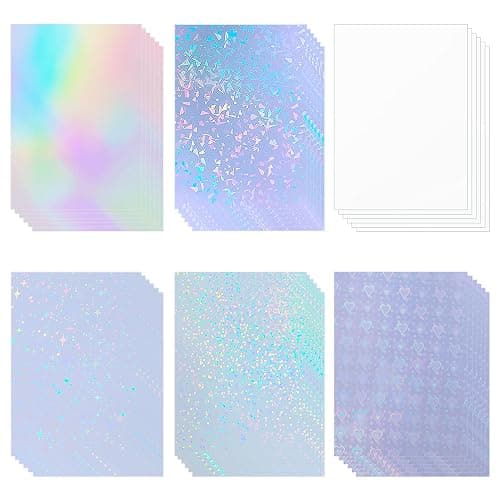 36 Sheets Holographic Sticker Paper Holographic Clear Vinyl Self Adhesive Waterproof Transparent Laminating Sheets Rainbow Overlay with A4 (11.7 x 8.3 Inch) 6 Styles Mixed - Image 1