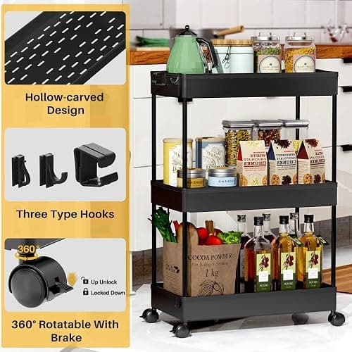 SPACELEAD 3 Tier Rolling Cart with Wheels, Storage Craft Art Trolley Organizer Serving, 3 Hanging Baskets Easy Assembly, for Office, Bathroom，Living Room, Kitchen, Black thumbnail 3