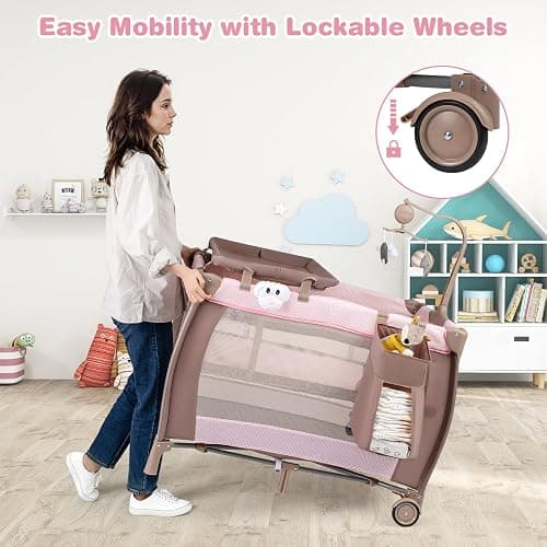 COSTWAY 3 in 1 Portable Travel Cot, Folding Baby Bassinet and Activity Playpen with Changing Table, Mattress, Music Box, Hanging Toys, Wheels and Carry Bag, Baby Crib Bed for Boys Girls (Pink) thumbnail 8
