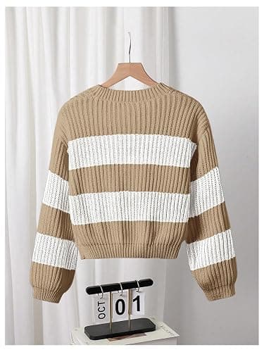 BEAUDRM Girl's Striped Sweater Cute Sweaters Long Sleeve Drop Shoulder Pullover Knit Tops thumbnail 3