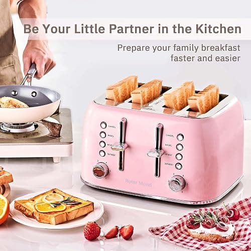 Roter Mond Toaster 4 Slice Retro Stainless Steel with Extra Wide Slots Bagel, Defrost, Reheat Function, Dual Independent Control Panel, Removable Crumb Tray, 6 Browning Levels, Pink thumbnail 7