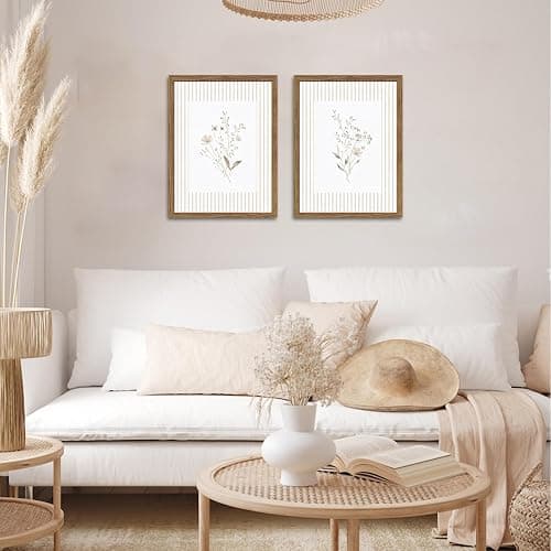 Neutral Wildflower Wall Art Set of 2, Vintage Flower Botanical Wall Decor Painting, Rustic Cottagecore Striped Floral Prints Pictures for Living Room Bedroom 12x16 Inch Framed thumbnail 8