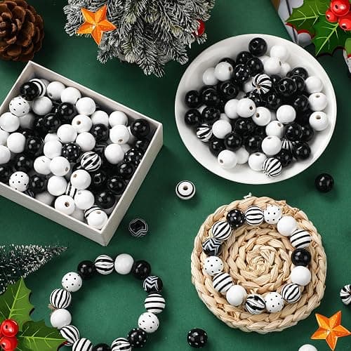 240 Pcs Black and White Christmas Wooden Beads for Crafts, 16mm Round Spacer Stripe Polka Dot Peppermint Beads Bulk for Jewelry Making DIY Garland Pens Winter Xmas Holiday Tiered Tray Tree Decor thumbnail 3