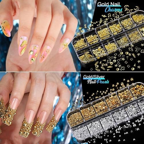 Teenitor Nail Charms Nail Stickers for Nail Art Kit, 8 Boxes Nail Rhinestones Nail Gems Pearls for Nails with 20 Sheets Nail Art Stickers, 3D Gold Nail Charms and Gems Nail Supplies Nail Art Tools thumbnail 2