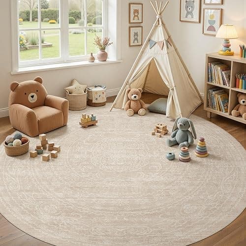 8ft Round Rug Living Room: Washable Large Vintage Neutral Area Rug Non-Slip Soft Stain Resistant Indoor Carpet for Bedroom Nursery Dining Room Under Table Bed Home House Office Playroom - Beige thumbnail 4