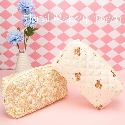 PAZIMIIK Vintage Quilted Makeup Bag Cosmetic Pouch for Brushes Pencils and Travel Make Up Accessories for Women and Girls Bear Beige thumbnail 6