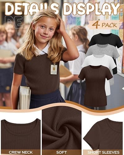 Mumucove 4 Pack Girls' Ribbed T-Shirts | Short Sleeve, Soft, Crew Neck, Slim Fit, Tween Tops, Basic Tees, Summer, Kids 5-14 Years thumbnail 5