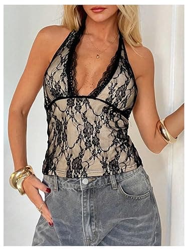 BEAUDRM Women's Y2k Going Out Tops Lace Halter Tops Sexy Party Club Outfits | Lace Tops, Going Out Top, Polka Dots, Leoaprd, Goth, Festival Outfits, Whimsy Clothes thumbnail 3