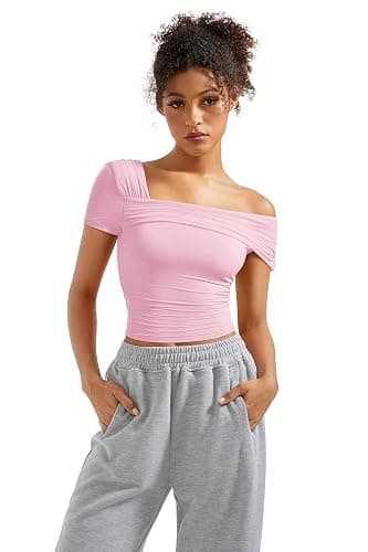 SUUKSESS Women One Off The Shoulder Summer Tank Tops Ruched Short Sleeve Shirts thumbnail 3