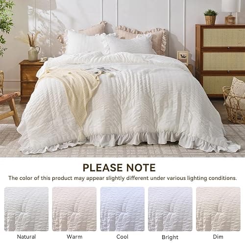 JOLLYVOGUE Queen Comforter Set, 3 Pieces White Seersucker Comforters Queen Size, Lightweight & Fluffy Bedding Sets Queen for All Season with 1 Ruffle Comforter and 2 Ruffle Pillowshams thumbnail 8