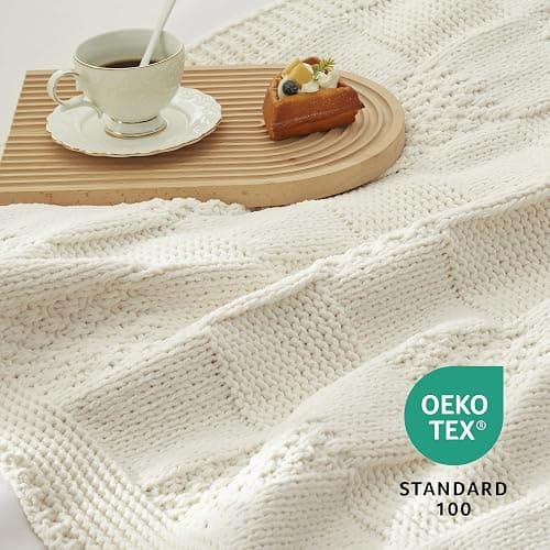 Amélie Home Checkered Chenille Knit Throw Blanket for Couch, Classic Texture Decorative Soft Blanket for Sofa, Chair & Bedroom, 50"x60", Ivory thumbnail 7