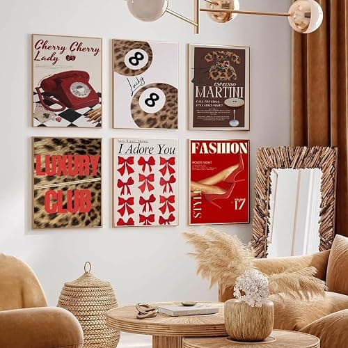 6Pcs Trendy Leopard Wall Art Gallery Girly Prints Red Fashion Wall Canvas Pictures Preppy Funky Aesthetic Lucky Decor posters prints for Girly Bedroom Dorm Apartment Living room Decorations Unframed thumbnail 5