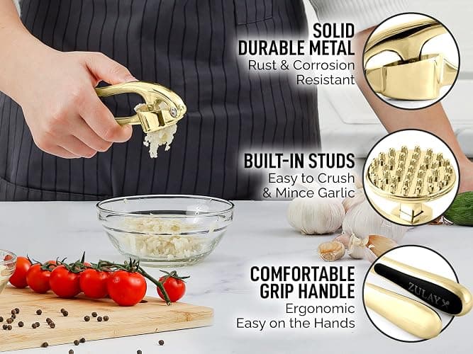 Zulay Kitchen Premium Garlic Press with Soft, Easy to Squeeze Handle - Includes Silicone Garlic Peeler & Cleaning Brush - 3 Piece Garlic Mincer Tool - Sturdy Easy to Clean Garlic Crusher (Gold) thumbnail 7