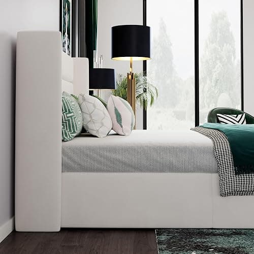 SHA CERLIN Full Size Lift Up Storage Bed/Velvet Upholstered/Modern Wingback Headboard/Upholstered Platform Bed Frame/Hydraulic Storage/No Box Spring Needed/White thumbnail 7