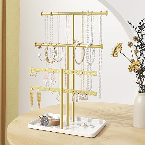 Josmimic Jewelry Holder Organizer Necklace Display: Metal Aesthetic Room Decor Tree Stand for Necklace Bracelet Hanger and Earrings Storage beautiful jewelry tower for mom wife girlfriend (Gold) thumbnail 5