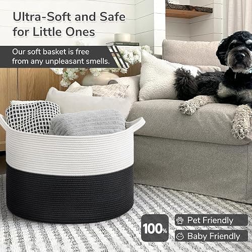 INDRESSME Large Cotton Rope Baskets for Storage, 21.7 x 13.8 Blanket Storage for Living Room Toy Baskets Kids, Baby Laundry Basket for Dirty Clothes, Pillows, 90L White & Black - White & Black - 21.7"D x 13.8"H thumbnail 6