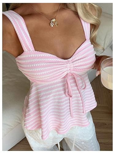 Milumia Women's Eyelet Tie Front Ruched Tank Tops Y2k Going Out Peplum Top | Babydoll, Sexy Slim Fit, Sleeveless, Flowy, Summer, Beach Vacation Outfits, Country Concert thumbnail 2