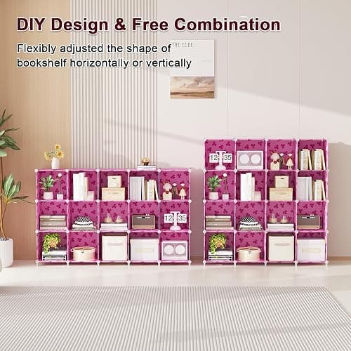 UNKU Cube Storage Organizer, 15 Cube Closet Organizer Storage Shelves, DIY Stackable Bookcase, Clothes Organizer Shelf for Closet, Bedroom, Living Room, Cabinet, Home, Office, Pink thumbnail 4