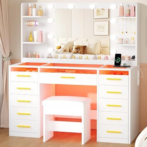 YUNSCEND Large Makeup Vanity with Mirror and Lights 3 Colors,Vanity Desk with Glass Top,11 RGB Drawers,6 Shelves,Makeup Desk with 5 Hooks,Power Outlet,Dressing Table for Girls Bedroom White UXFST004W thumbnail 9