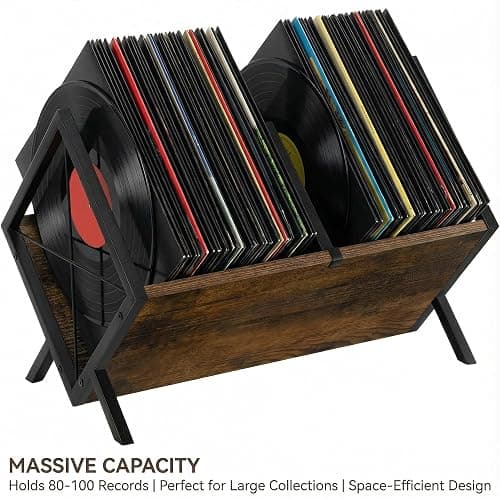 Lifegogo Vinyl Record Storage Rack: Wooden Metal 80 LP Vinyl Records Display Rack Brown Record Storage Holder with Adjustable Divider for Albums CDs Magazine Books Files thumbnail 5