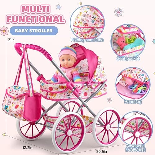 Baby Doll Stroller Toys Set with 12.5" Baby Doll,Dining Chair,Quilt Pillow,24 PCS Doll Accessories and 2 Sets Doll Clothes,Baby Stroller Toys for Girls Toddlers 3-5 4-6 5-7 Gifts for Pretend Play thumbnail 4