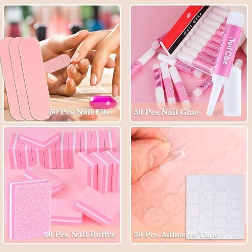 50 Set Press On Nail Tool Prep Kit for Salon Business, Disposable Manicure Kit with Nail File, Buffer, Glue, Prep Pad, Instruction Card, Adhesive Tabs, Wood Stick, Holographic Bag thumbnail 4
