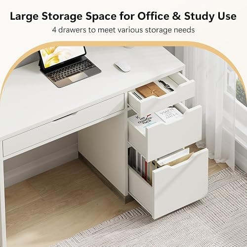 MaverickFurni White Desk with Drawers, 48 Inch Small Computer Desk with 4 Storage Drawers for Small Space, Home Office Desk for Bedroom with Storage File Drawer thumbnail 6