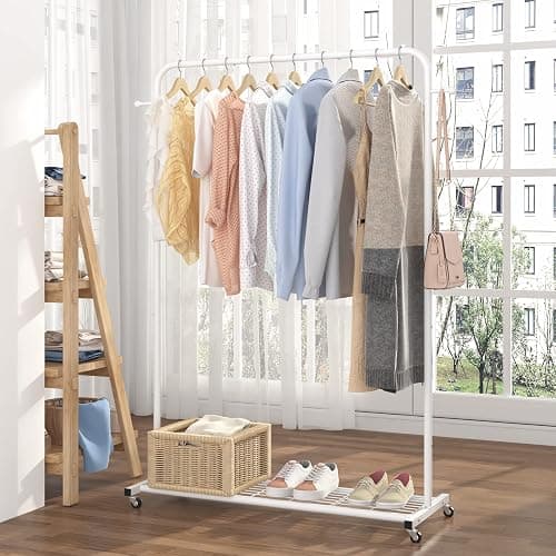 Sywhitta Clothing Rack on Wheels with Mesh Storage Shelf & Sturdy Metal Frame, Rolling Garment Rack for Hanging Clothes, Coats, Skirts, 39.76" L x 16" W x 64.56" H,White thumbnail 2